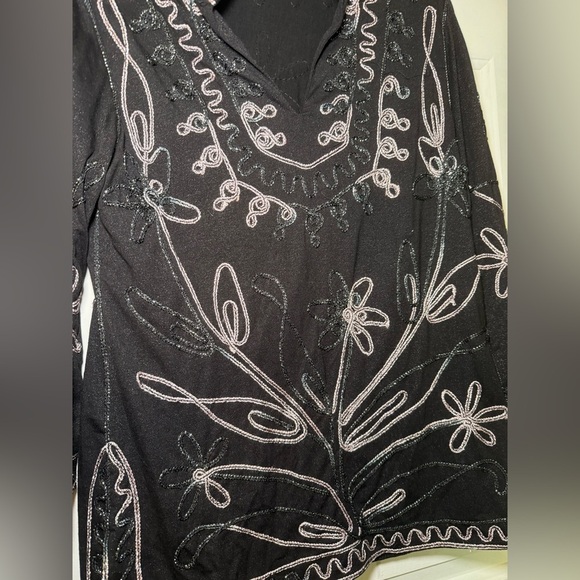 Once Again Woman’s Ribbon Embroidered Sparkle Tunic Size Medium Black Mandarin - Picture 5 of 6